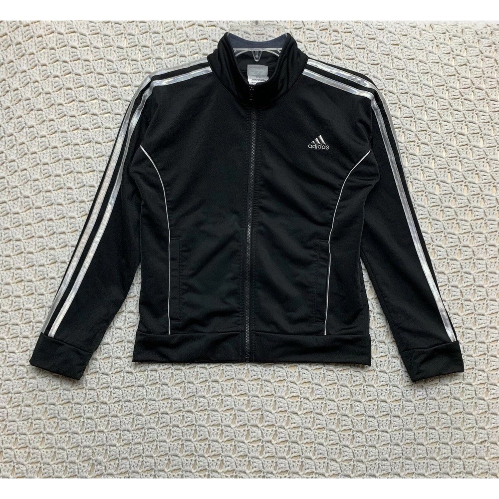 Adidas Track Jacket Girl Size L (14) Full Zip Black with‎ Silver Stripes Pockets